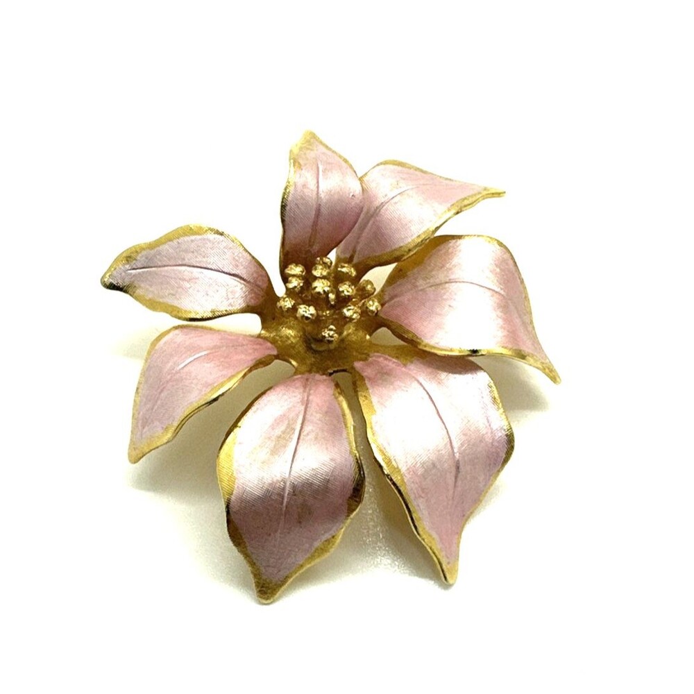 Vintage Cerrito Poinsettia Pink Enamel Flower Pin Brooch "The Symbol Of Love"